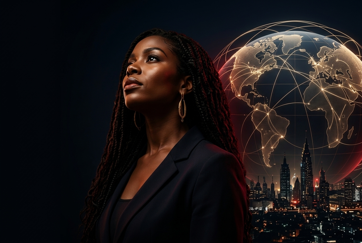 Conceptual portrait of a community entrepreneur beside a gold-lit capital network and city skyline